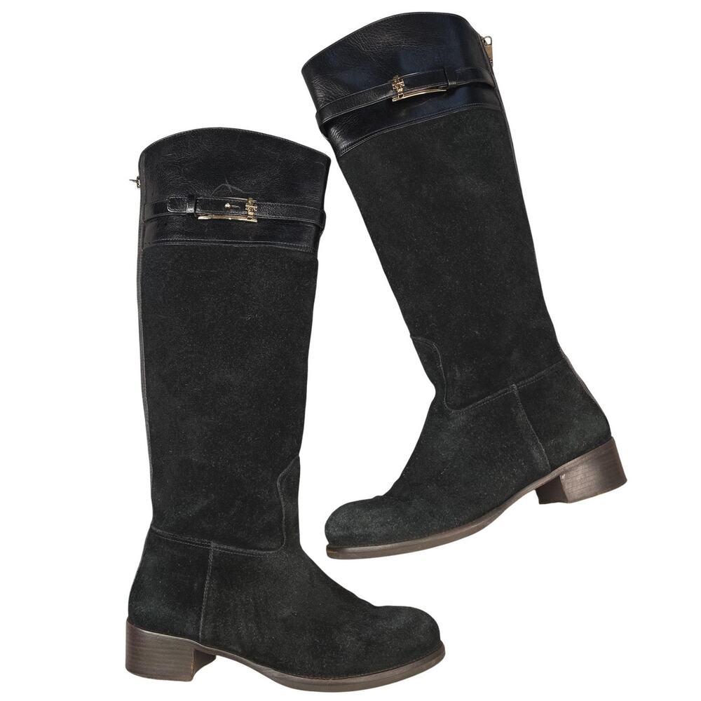 Tory Burch Boots Womens Size 8 38 Black Suede Leather Knee High Riding Boho Logo